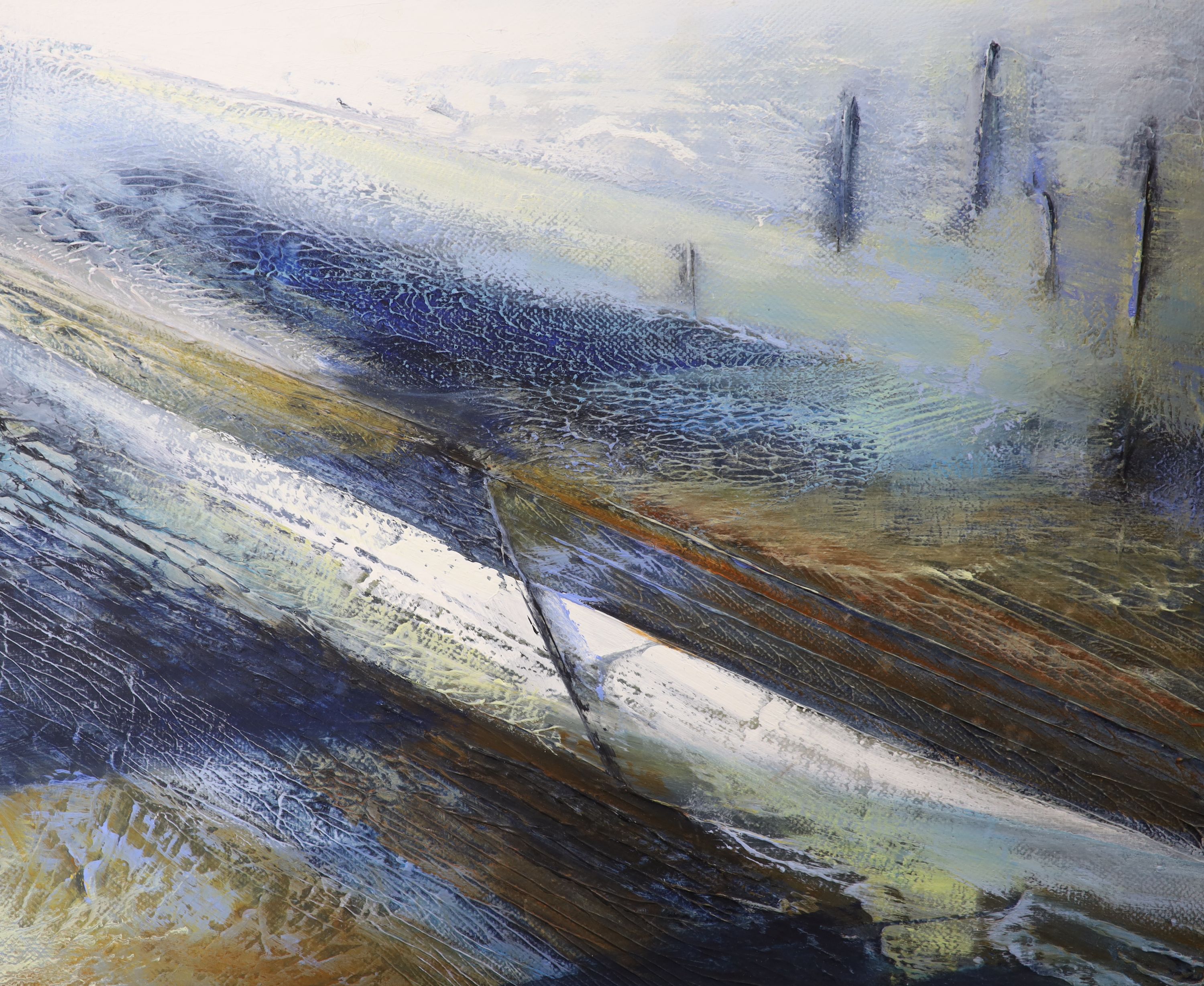 Catherine Barnes, oil on canvas, 'On Moving Waters', signed verso, 26 x 30cm, unframed